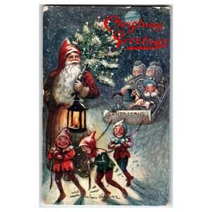 1908 Santa Claus Elves Pull Sled Christmas Postcard by Raphael Tuck & Sons C1059